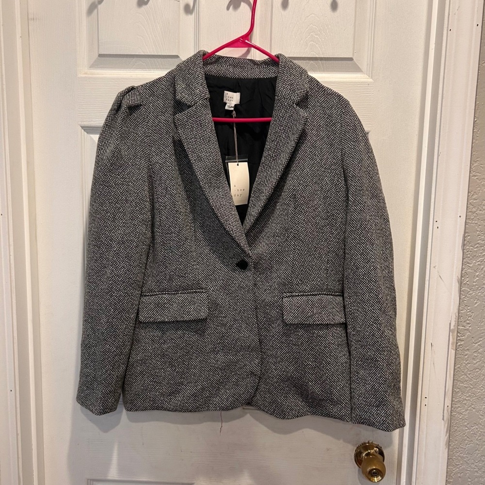 A New Day Womens Black White Tweed Puffed Shoulder Single Button Blazer Size 14